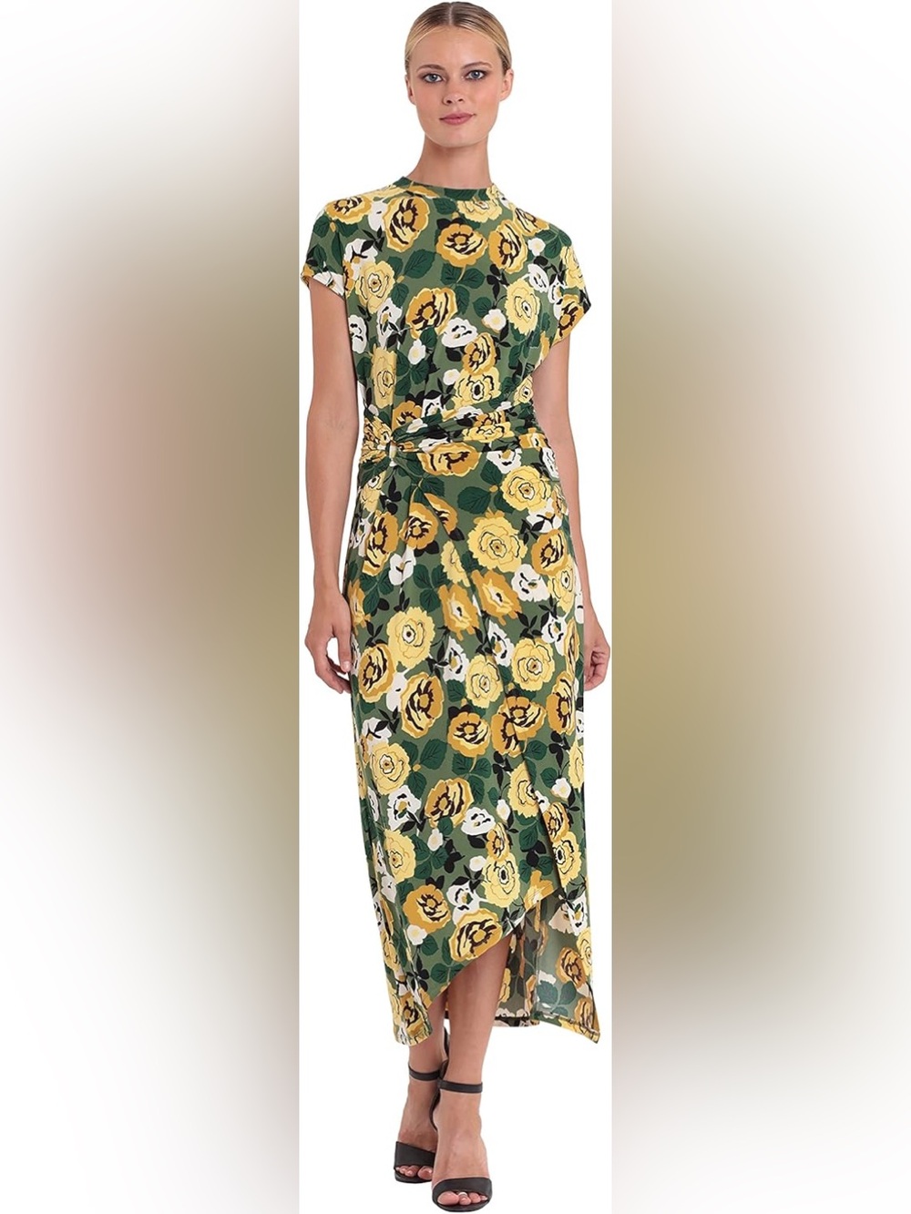 Donna Morgan Short Sleeve Garden Green Sunshine Floral Print Hi-Lo MidiDress